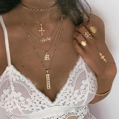 Baby Cross 5 Piece Layered Necklace Set in 18K Gold Plated