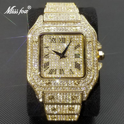 MISSFOX Ice Out Square Watch For Men Top Brand Luxury Full Diamond Men's Watches Ultra Thin Waterproof Hip Hop Clock