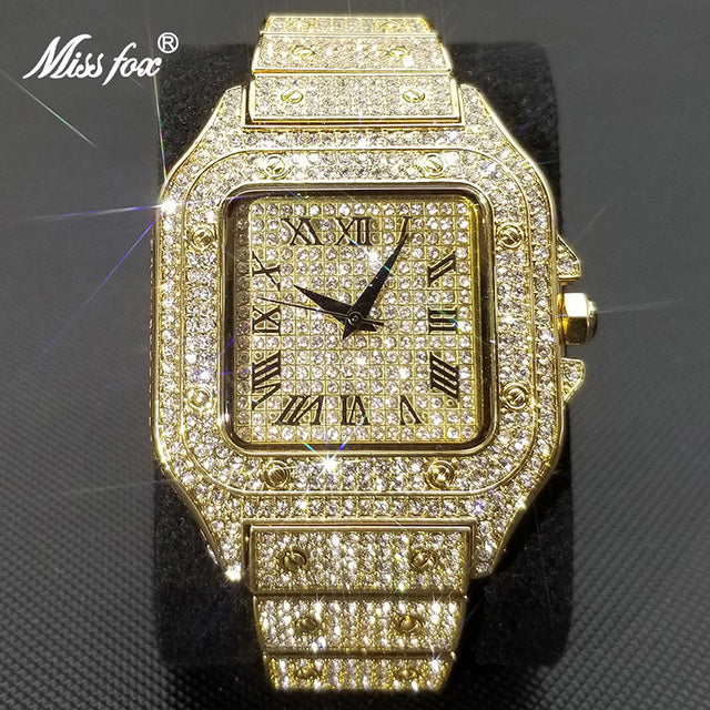 MISSFOX Ice Out Square Watch For Men Top Brand Luxury Full Diamond Men's Watches Ultra Thin Waterproof Hip Hop Clock