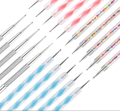 5Pcs Set UV Gel Painting Nail Art Dotting Pen Acrylic Handle Rhinestone Crystal 2 Way Brush Salon Decoration Manicure Tools Kit