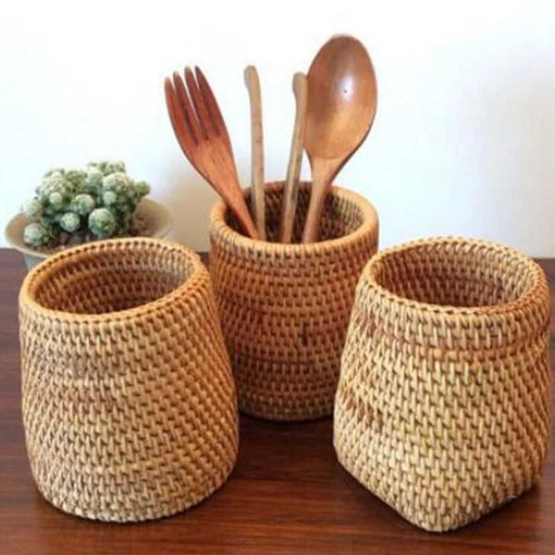 3pcs Home Storage Hand Weave Natural Rattan Baskets Organizer