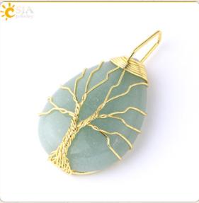 3pcs CSJA Gold Color Tree of Life Wire Wrap Water Drop Pendant Reiki Natural Gem Stone