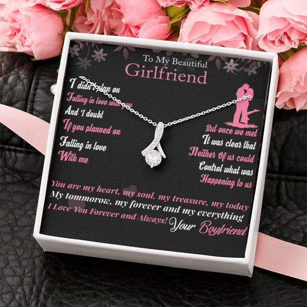 CARD#8- " To My Girlfriend " 18K White Gold Plated Ribbon Love Necklace made with Crystals