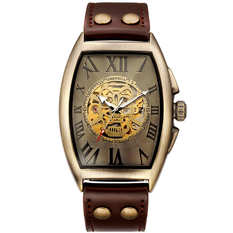 Transparent Skeleton Automatic Mechanical Watch Men Genuine Leather Belt Top Brand Luxury Self Winding Mens Retro Watch Clock