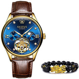 OLEVS Classic Men's Mechanical Watches Automatic Watch Tourbillon Clock Genuine Leather Waterproof Wristwatch