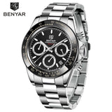 BENYAR Sports Men Quartz Wrist Watch 3Bar Waterproof Stainless Steel Watch for Men Luxury Fashion Chronograph