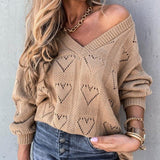 Women Autumn Winter Love Heart Hollow Crochet Sweater Loose V Neck Long Sleeve Casual Knitwear Jumper Rose Red/Pink/Khaki/White