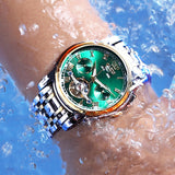 OLEVS Automatic Mechanical Men Watches Stainless Steel Waterproof Date Week Green Perpetual Calendar Classic Luxury Wrist Watch