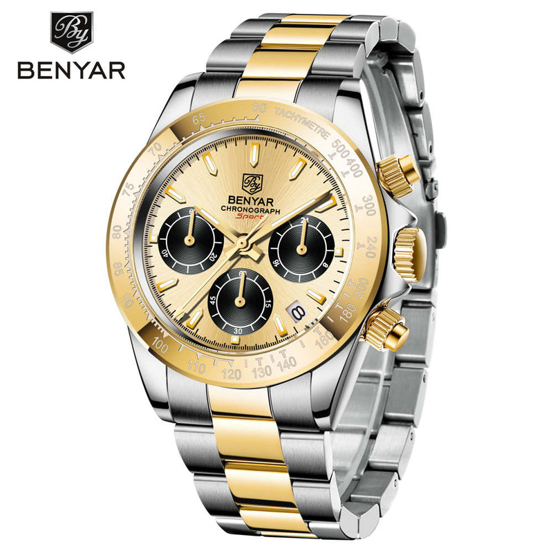 BENYAR Sports Men Quartz Wrist Watch 3Bar Waterproof Stainless Steel Watch for Men Luxury Fashion Chronograph