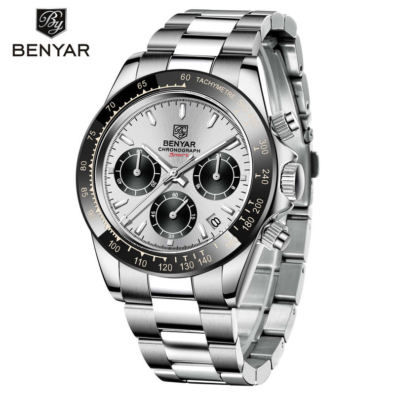 BENYAR Sports Men Quartz Wrist Watch 3Bar Waterproof Stainless Steel Watch for Men Luxury Fashion Chronograph