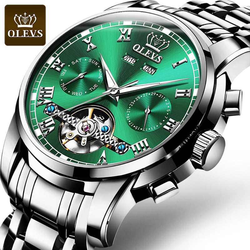 OLEVS Automatic Mechanical Men Watches Stainless Steel Waterproof Date Week Green Perpetual Calendar Classic Luxury Wrist Watch