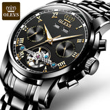 OLEVS Automatic Mechanical Men Watches Stainless Steel Waterproof Date Week Green Perpetual Calendar Classic Luxury Wrist Watch