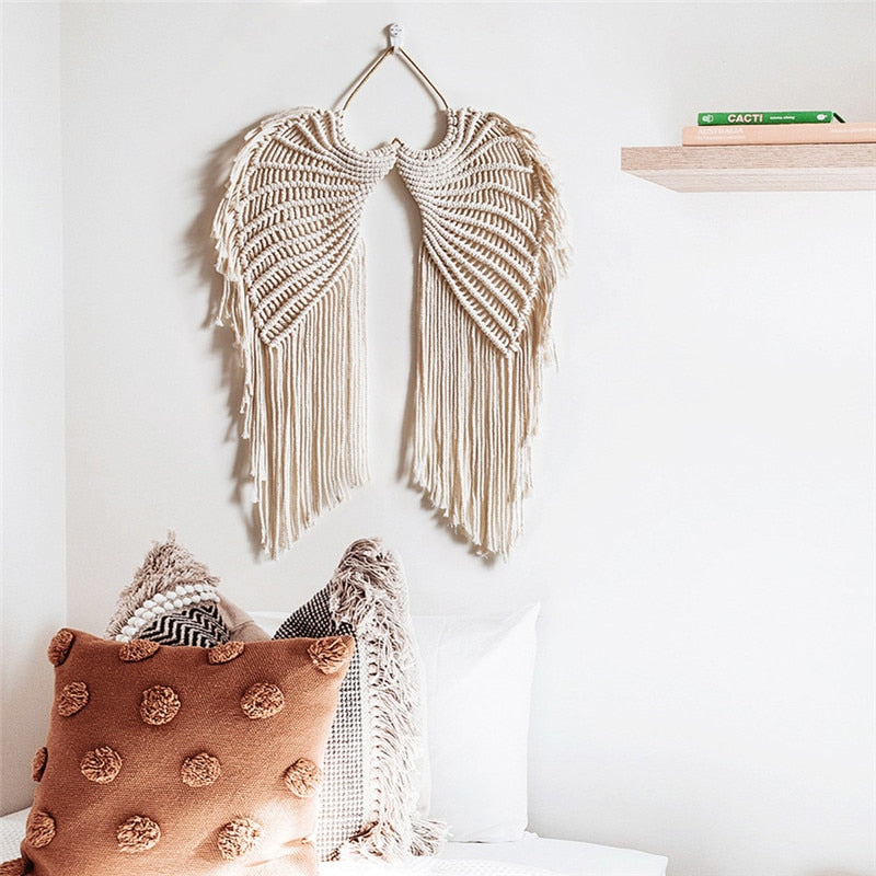 Macrame Wall Hanging Boho Tapestry Angels Wing Woven Bohemian Wall Decor Home Decoration For Apartment Bedroom Living Room