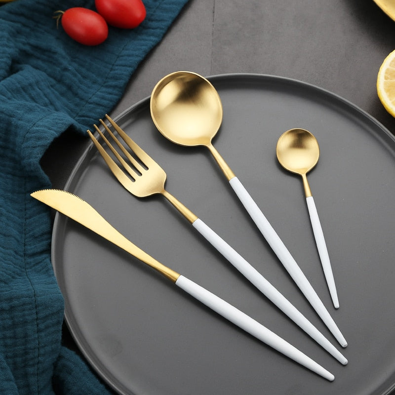 White Gold Cutlery Set Western 18/10 Stainless Steel Tableware Home Spoon Fork Knife Chopsticks Kit Dinnerware Sets tableware