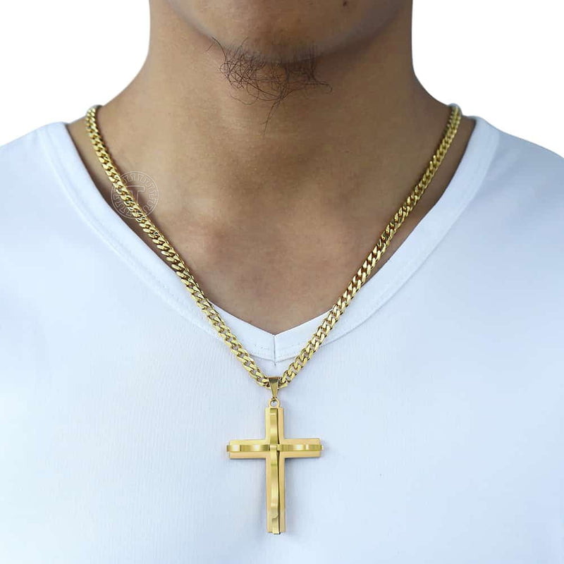 Cross Pendant Necklaces For Men Black Gold Color Silver Color Stainless Steel Charm Chain Male Hip Hop Jewelry