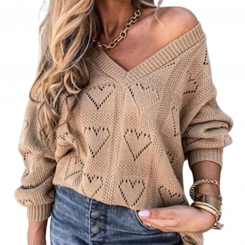 Women Autumn Winter Love Heart Hollow Crochet Sweater Loose V Neck Long Sleeve Casual Knitwear Jumper Rose Red/Pink/Khaki/White