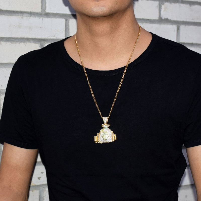 Money Bag Pendant Necklace Gold Color Cubic Zircon Men's Hip Hop Jewelry