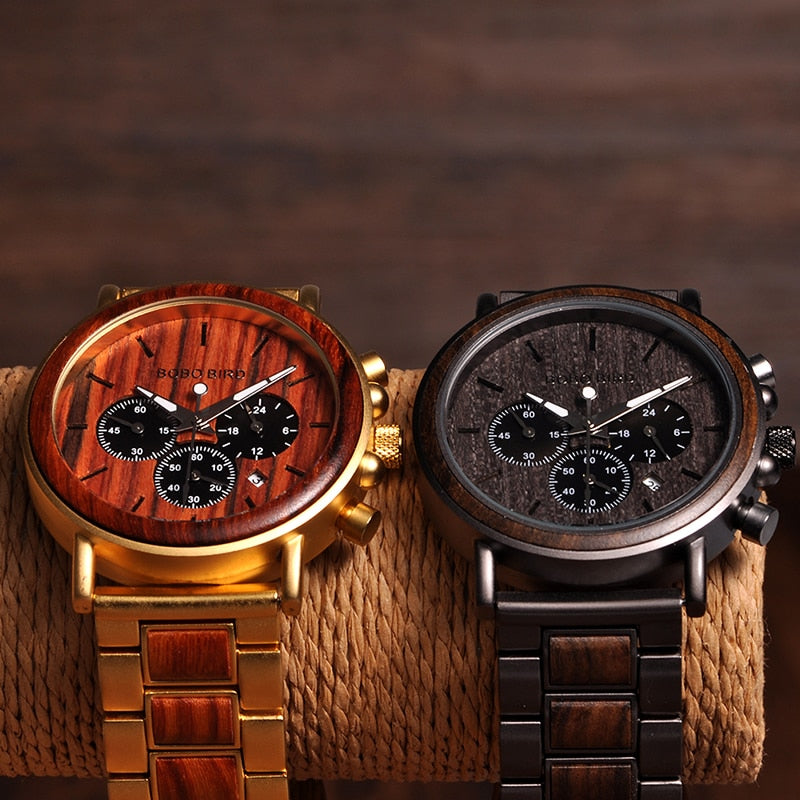 BOBO BIRD Gold Watch Men Luxury Brand Wooden Wristwatches Male Date Display Stop Watches