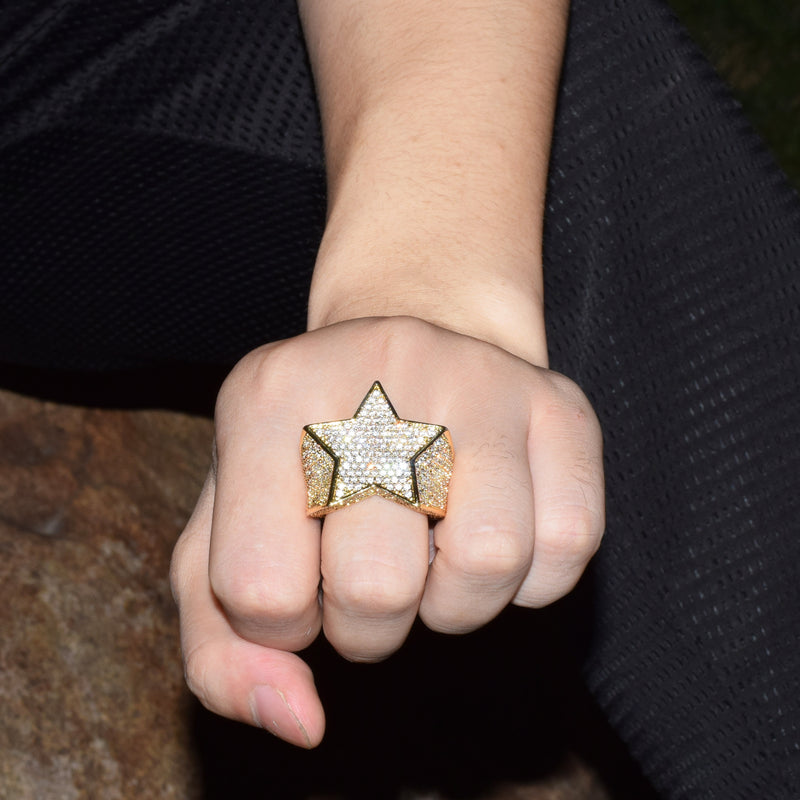 Bubble Letter Men Star Rings Charm Gold Color Full Zircon Fashion Hip Hop Rock Jewelry