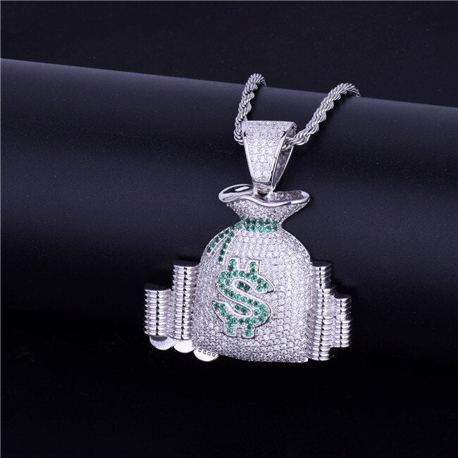 Money Bag Pendant Necklace Gold Color Cubic Zircon Men's Hip Hop Jewelry