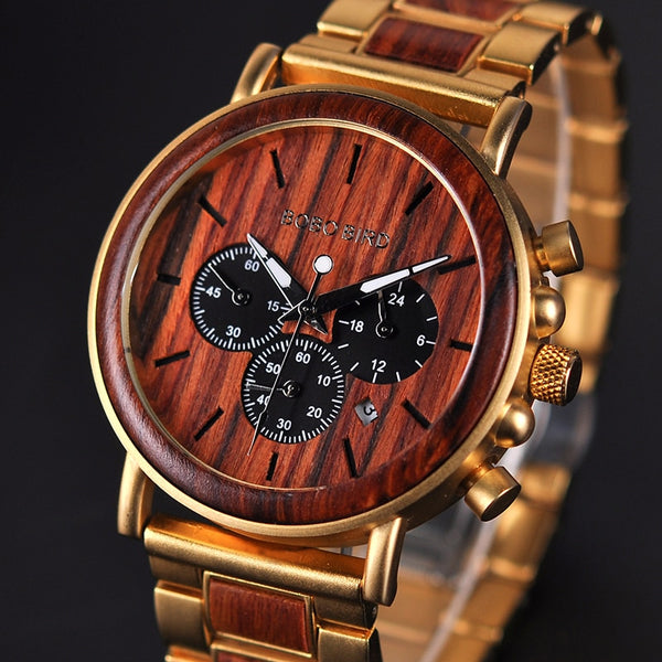 BOBO BIRD Gold Watch Men Luxury Brand Wooden Wristwatches Male Date Display Stop Watches