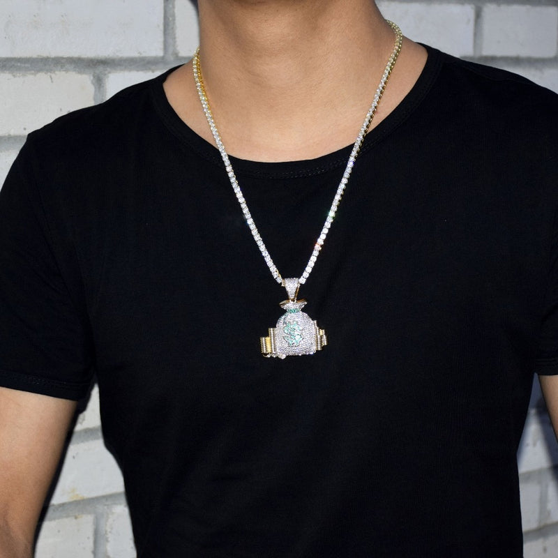 Money Bag Pendant Necklace Gold Color Cubic Zircon Men's Hip Hop Jewelry