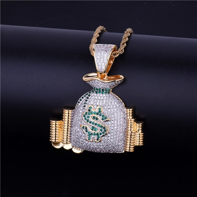 Money Bag Pendant Necklace Gold Color Cubic Zircon Men's Hip Hop Jewelry