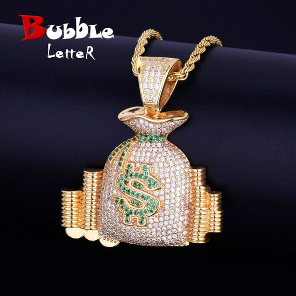 Money Bag Pendant Necklace Gold Color Cubic Zircon Men's Hip Hop Jewelry