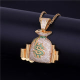 Money Bag Pendant Necklace Gold Color Cubic Zircon Men's Hip Hop Jewelry