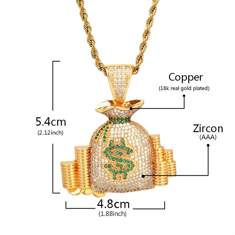 Money Bag Pendant Necklace Gold Color Cubic Zircon Men's Hip Hop Jewelry