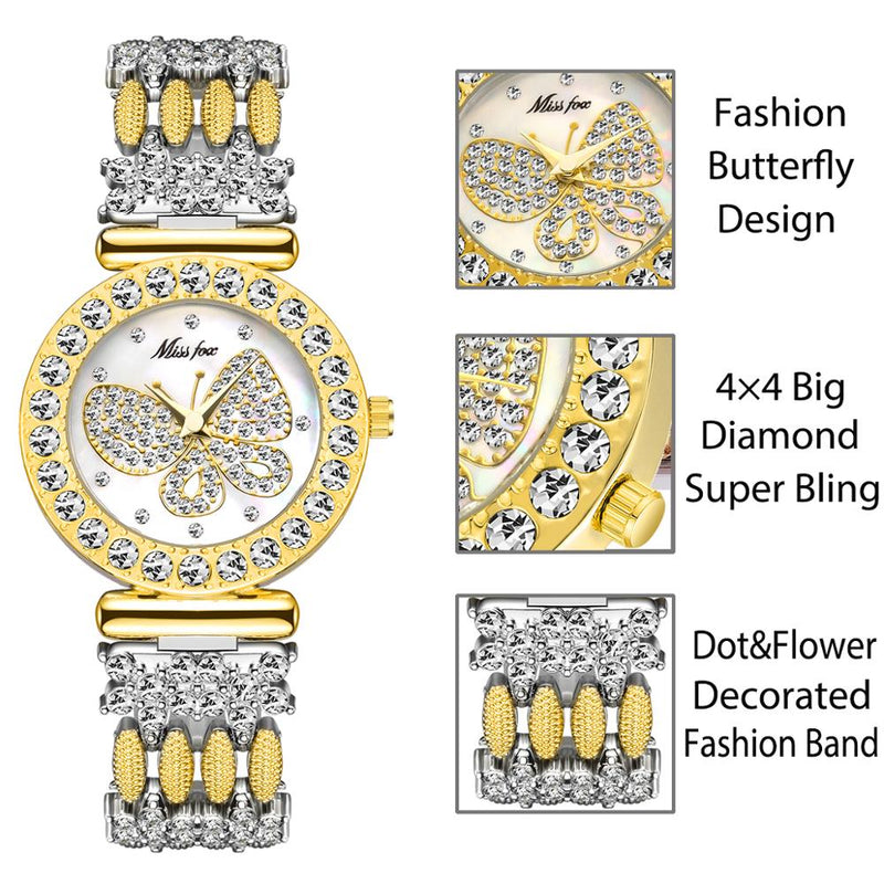 MISSFOX Butterfly Women Watches Luxury Brand Big Diamond 18K Gold Watch Waterproof Special Bracelet Expensive Ladies Wrist Watch