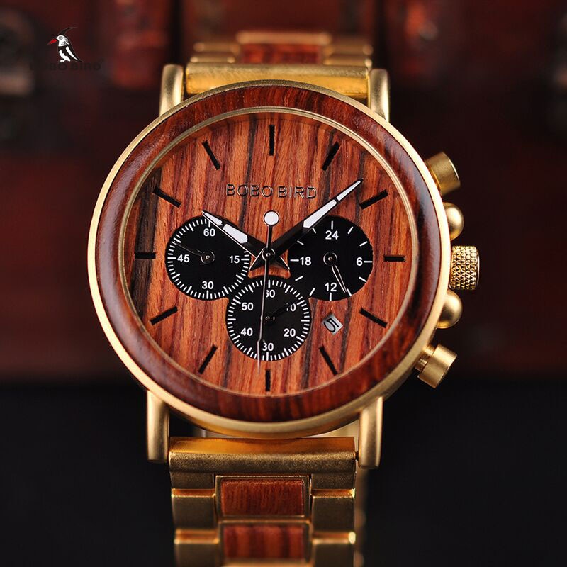 BOBO BIRD Gold Watch Men Luxury Brand Wooden Wristwatches Male Date Display Stop Watches