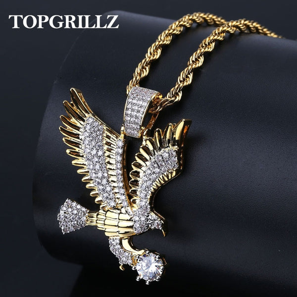 TOPGRILLZ Hip Hop Gold Color Plated Copper Iced Out Micro Paved CZ Eagle Pendant Necklace Men Charm Jewelry Three Style Chains