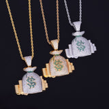 Money Bag Pendant Necklace Gold Color Cubic Zircon Men's Hip Hop Jewelry