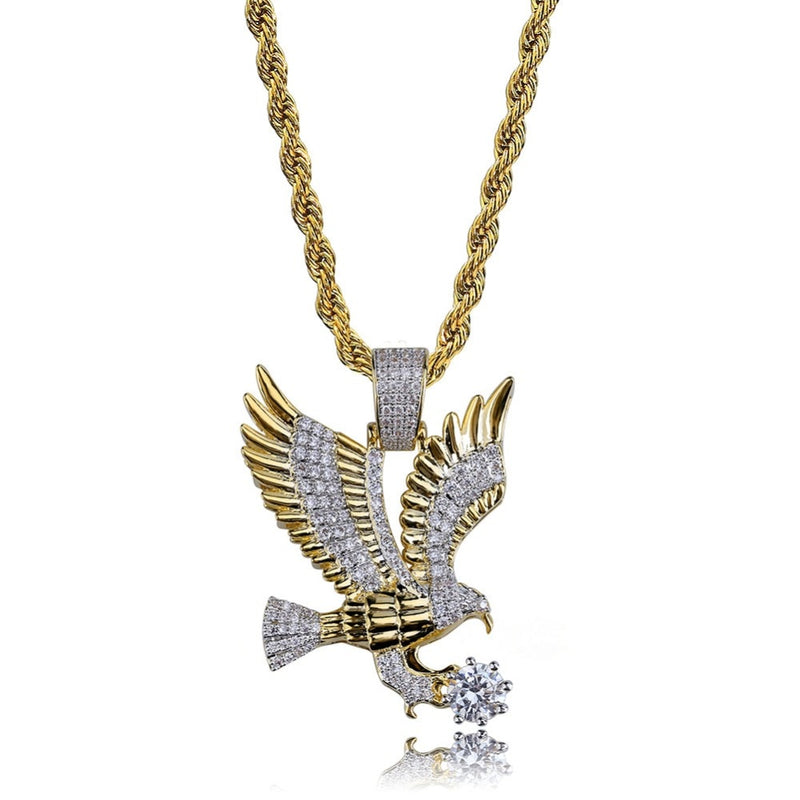 TOPGRILLZ Hip Hop Gold Color Plated Copper Iced Out Micro Paved CZ Eagle Pendant Necklace Men Charm Jewelry Three Style Chains