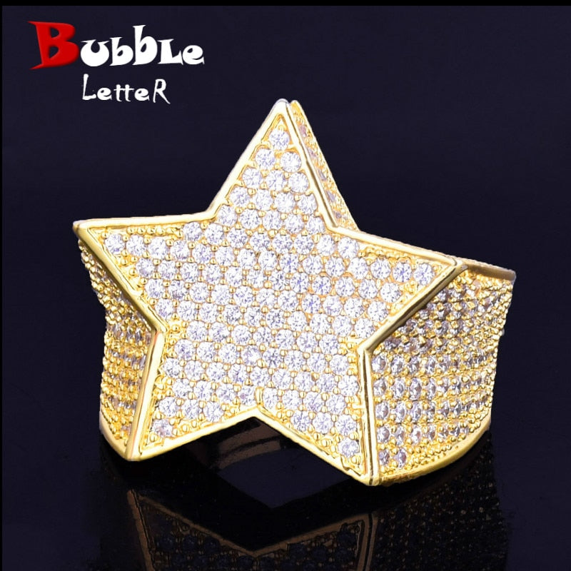 Bubble Letter Men Star Rings Charm Gold Color Full Zircon Fashion Hip Hop Rock Jewelry