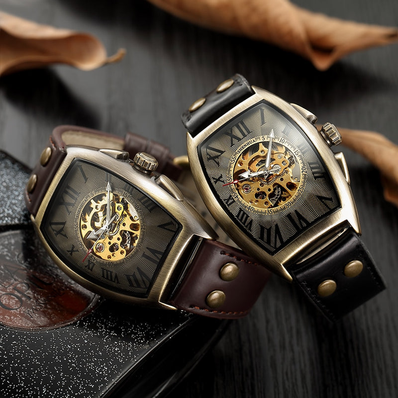 Transparent Skeleton Automatic Mechanical Watch Men Genuine Leather Belt Top Brand Luxury Self Winding Mens Retro Watch Clock