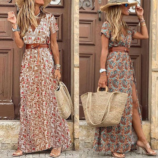 Boho Women V Neck Short Sleeve Paisley Print Belt Large Hem Beach Long Dress print dress summer beach dress with belt