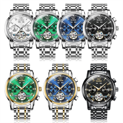 OLEVS Automatic Mechanical Men Watches Stainless Steel Waterproof Date Week Green Perpetual Calendar Classic Luxury Wrist Watch