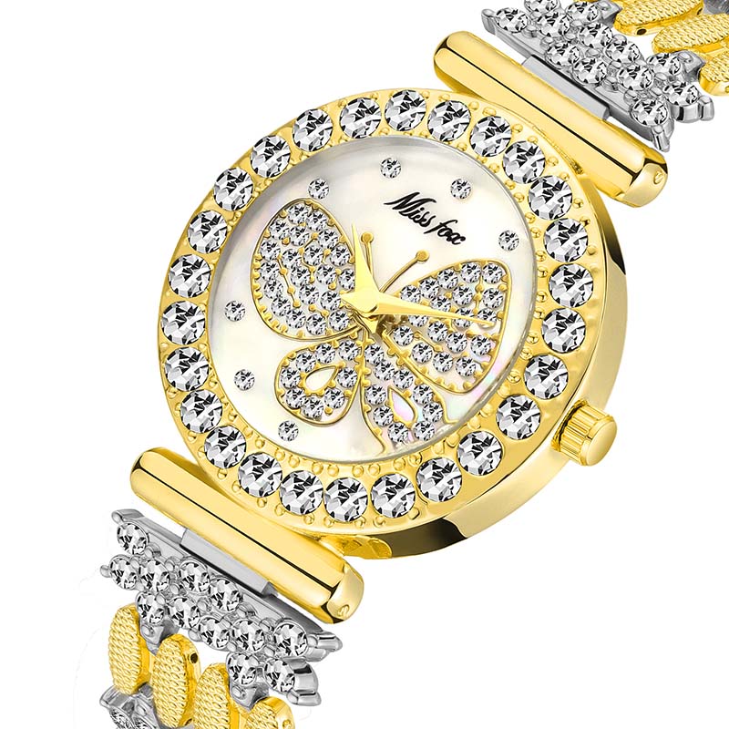 MISSFOX Butterfly Women Watches Luxury Brand Big Diamond 18K Gold Watch Waterproof Special Bracelet Expensive Ladies Wrist Watch