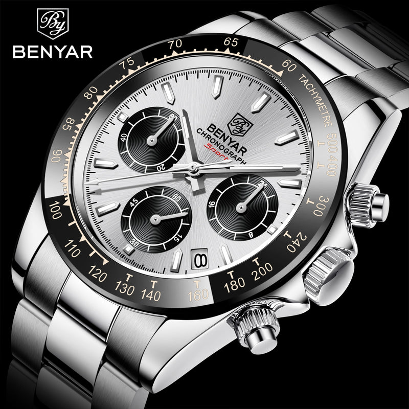 BENYAR Sports Men Quartz Wrist Watch 3Bar Waterproof Stainless Steel Watch for Men Luxury Fashion Chronograph