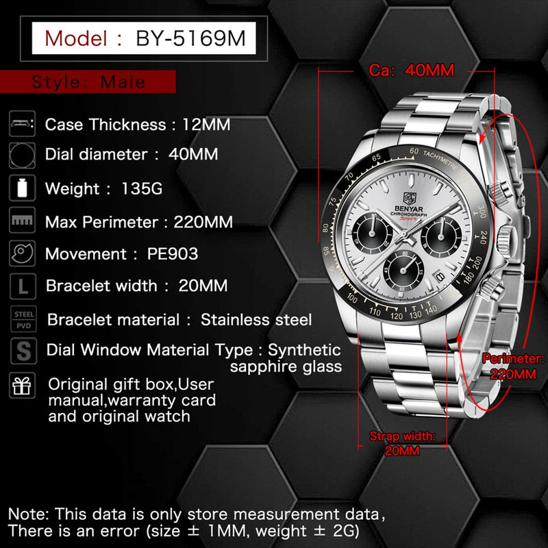 BENYAR Sports Men Quartz Wrist Watch 3Bar Waterproof Stainless Steel Watch for Men Luxury Fashion Chronograph