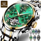 OLEVS Automatic Mechanical Men Watches Stainless Steel Waterproof Date Week Green Perpetual Calendar Classic Luxury Wrist Watch