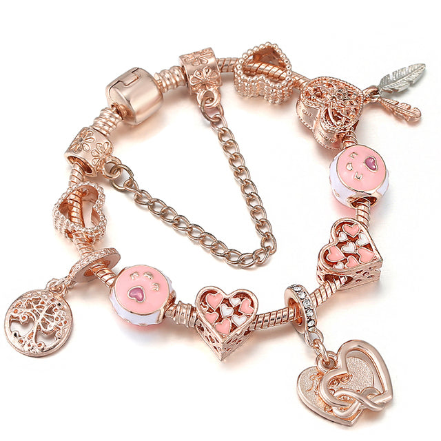 High Quality Rose Gold Crystal Charm Bracelets For Women With Pink Leaves Bracelets Bangles Fashion Jewelry Gift - Findsbyjune.com