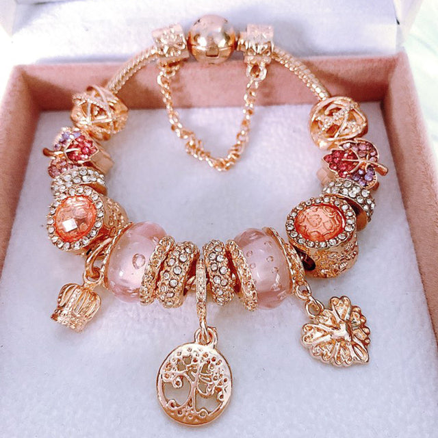 High Quality Rose Gold Crystal Charm Bracelets For Women With Pink Leaves Bracelets Bangles Fashion Jewelry Gift - Findsbyjune.com