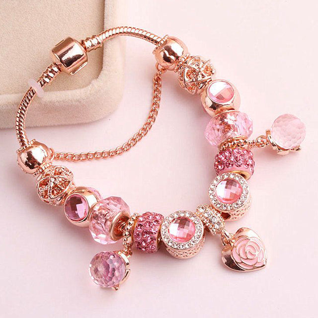 High Quality Rose Gold Crystal Charm Bracelets For Women With Pink Leaves Bracelets Bangles Fashion Jewelry Gift - Findsbyjune.com