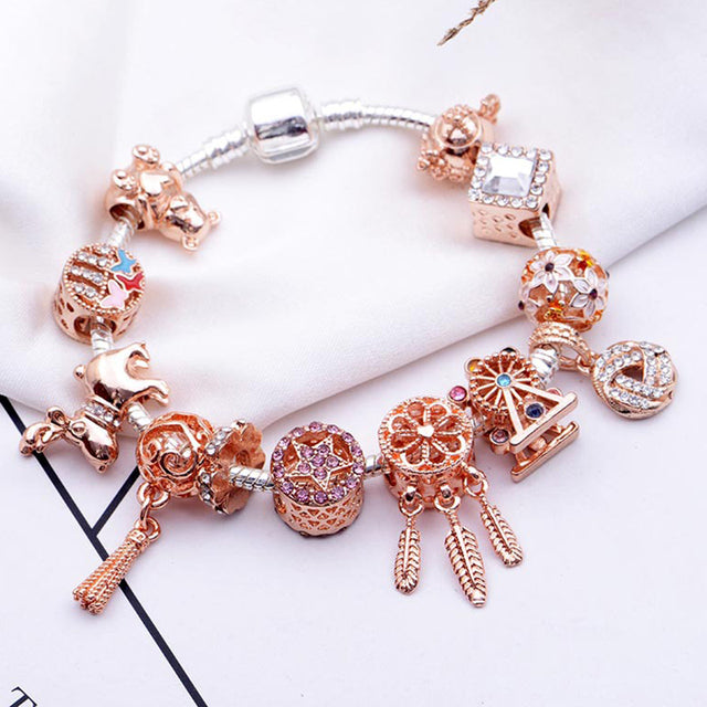 High Quality Rose Gold Crystal Charm Bracelets For Women With Pink Leaves Bracelets Bangles Fashion Jewelry Gift - Findsbyjune.com