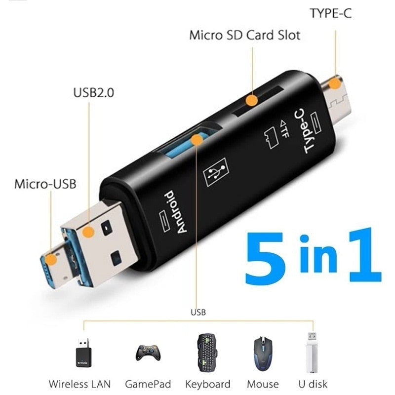 5 in 1, Multifunctional USB Type C/USB/Micro USB/TF/SD Card Reader Memory - Findsbyjune.com