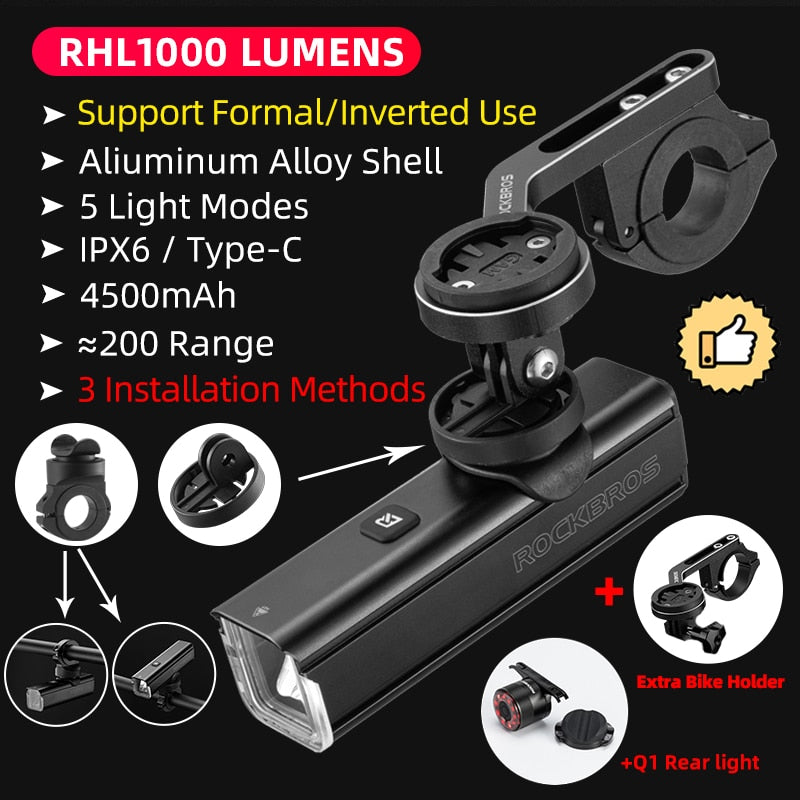 ROCKBROS Bicycle Light Type-C Rechargeable Light  MTB Road Bike Light LED Flashlight IPX6 Cycling Outdoor Headlight Accessories