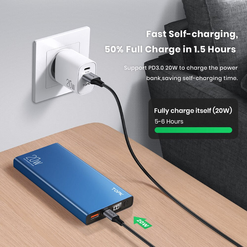 TOPK I1006P Power Bank 10000mAh Portable Charger LED External Battery PD Fast Charging PoverBank For iPhone 14 Pro Max 13 Xiaomi